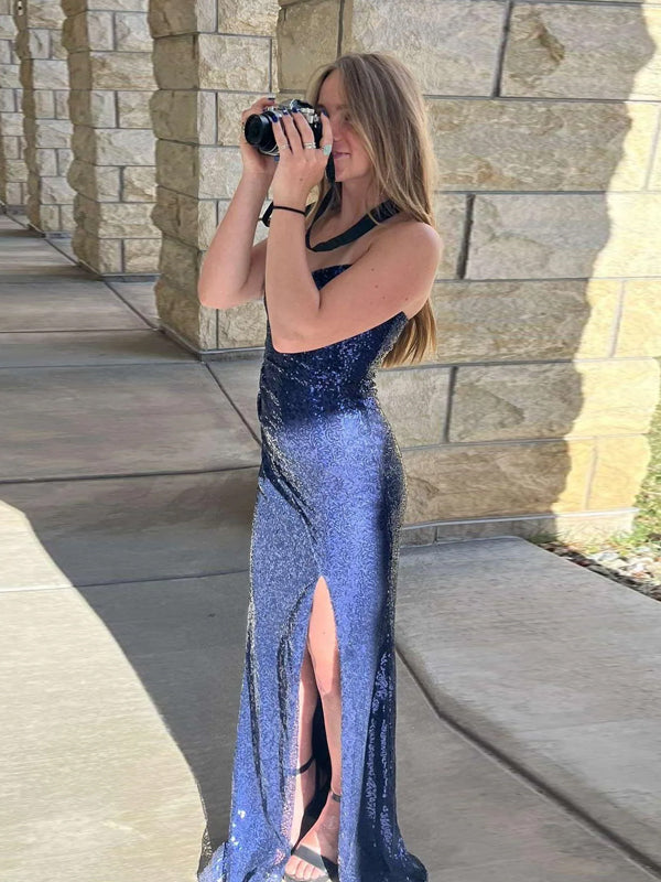 Lovely Blue Sequins Strapless Mermaid Long Evening Prom Dresses, DB0355