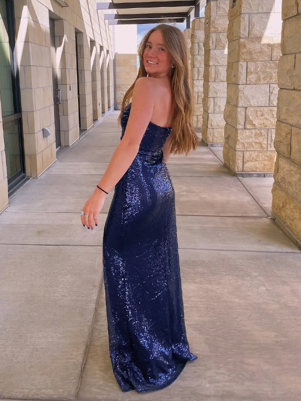 Lovely Blue Sequins Strapless Mermaid Long Evening Prom Dresses, DB0355