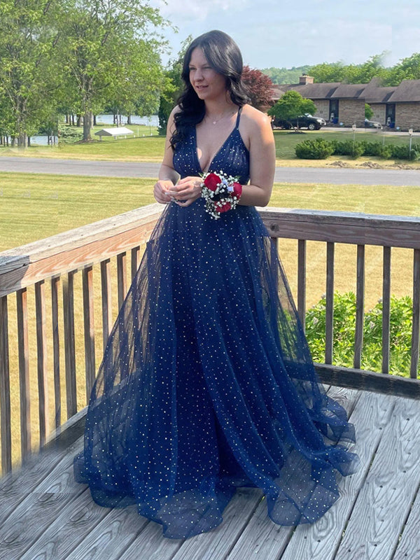 Navy Blue A-line Tulle Long Evening Prom Dresses, Deep V-neck Prom Dress, DB0356