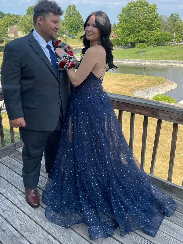 Navy Blue A-line Tulle Long Evening Prom Dresses, Deep V-neck Prom Dress, DB0356