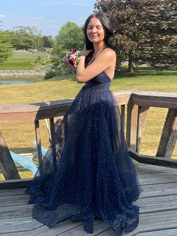 Navy Blue A-line Tulle Long Evening Prom Dresses, Deep V-neck Prom Dress, DB0356