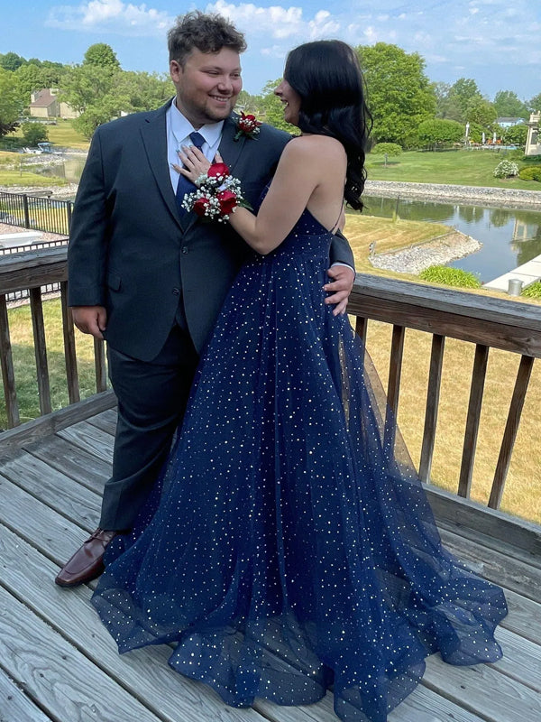 Navy Blue A-line Tulle Long Evening Prom Dresses, Deep V-neck Prom Dress, DB0356