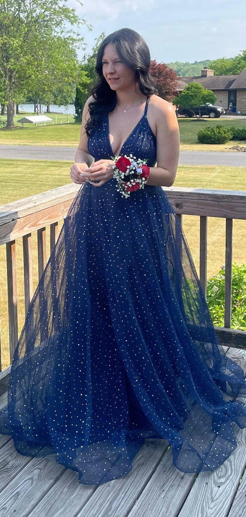 Navy Blue A-line Tulle Long Evening Prom Dresses, Deep V-neck Prom Dress, DB0356