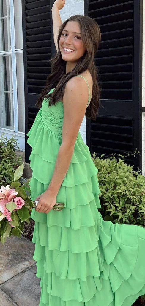 Green Chiffon Spaghetti Straps Long Evening Prom Dresses, DB0357