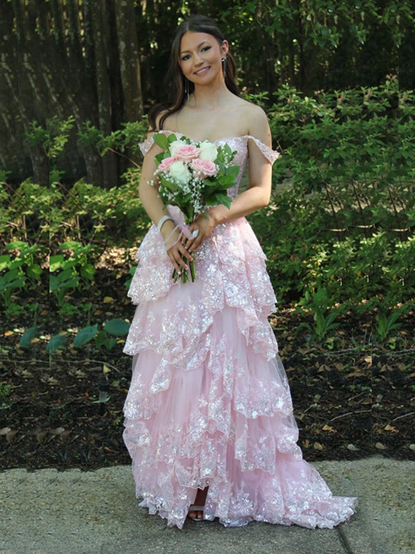 Gorgeous Pink Tulle Appliques Long Evening Prom Dresses, A-line Off Shoulder Prom Dress, DB0358