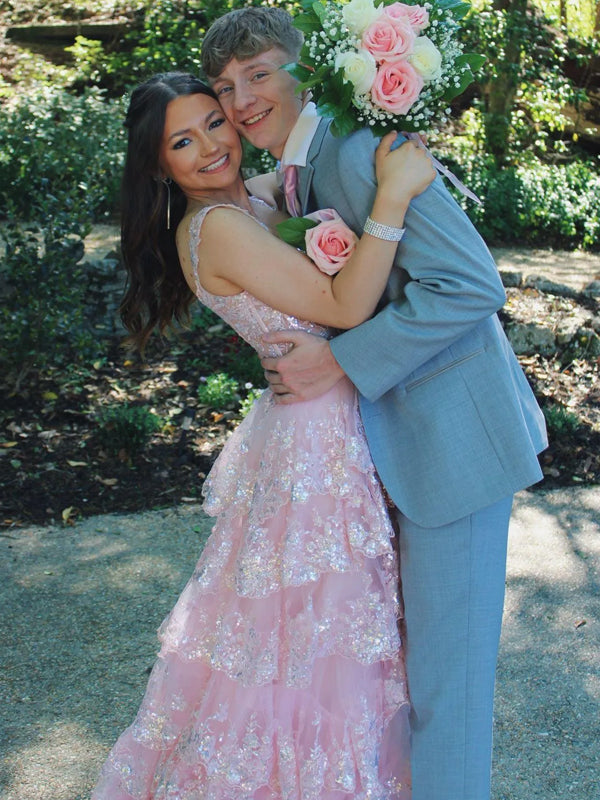 Gorgeous Pink Tulle Appliques Long Evening Prom Dresses, A-line Off Shoulder Prom Dress, DB0358