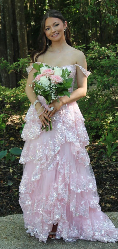 Gorgeous Pink Tulle Appliques Long Evening Prom Dresses, A-line Off Shoulder Prom Dress, DB0358