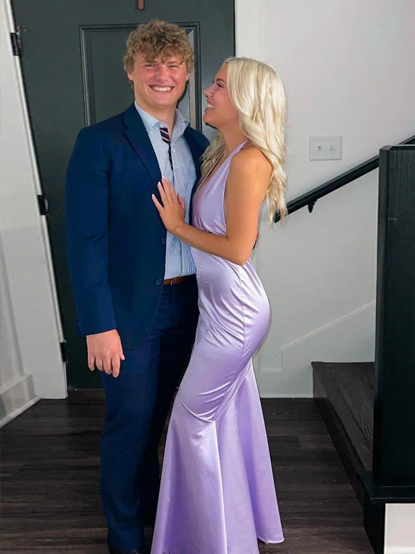 Halter Purple Satin Mermaid V-neck Long Evening Prom Dresses, DB0359