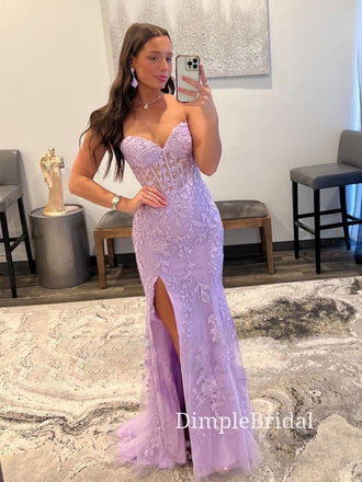 Sweetheart Lilac Tulle Appliques Mermaid Strapless Long Evening Prom Dresses, Side Slit Prom Dresses, DM0001