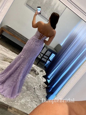 Sweetheart Lilac Tulle Appliques Mermaid Strapless Long Evening Prom Dresses, Side Slit Prom Dresses, DM0001