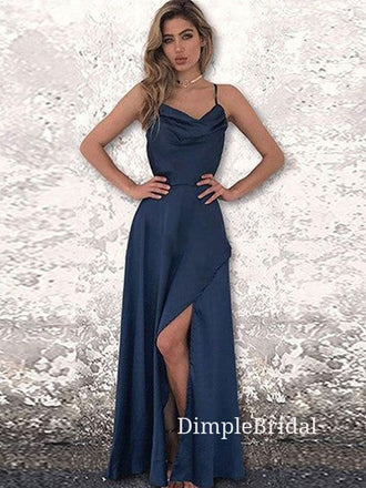 Navy Blue Satin Spaghetti Straps Long Evening Prom Dresses, Custom Prom Dresses, DM0002