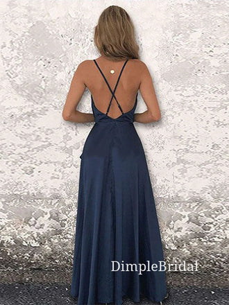Navy Blue Satin Spaghetti Straps Long Evening Prom Dresses, Custom Prom Dresses, DM0002