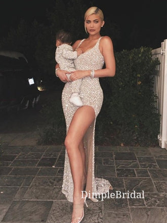 Sexy Mermaid Sequins Side Slit Long Evening Prom Dresses, Custom Sparkly Prom Dresses, DM0003