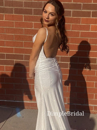 White Satin Spaghetti Straps Side Slit Long Evening Prom Dresses, Custom Sparkly Prom Dresses, DM0004