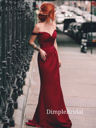 Dark Red Satin Off Shoulder Sweetheart Long Evening Prom Dresses, Custom Mermaid Prom Dresses, DM0005
