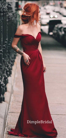 Dark Red Satin Off Shoulder Sweetheart Long Evening Prom Dresses, Custom Mermaid Prom Dresses, DM0005