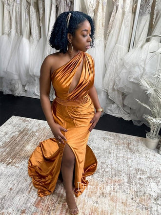 One Shoulder Satin Mermaid Long Evening Prom Dresses, Custom Side Slit Prom Dresses, DM0009
