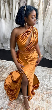 One Shoulder Satin Mermaid Long Evening Prom Dresses, Custom Side Slit Prom Dresses, DM0009