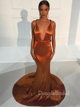 Sexy Deep V-neck Burnt Orange Satin Mermaid Long Evening Prom Dresses, Custom Prom Dresses, DM0010
