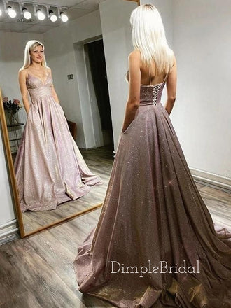 Spaghetti Straps A-line Sparkly Long Evening Prom Dresses, Custom Prom Dresses, DM0013