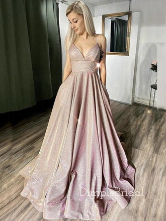 Spaghetti Straps A-line Sparkly Long Evening Prom Dresses, Custom Prom Dresses, DM0013
