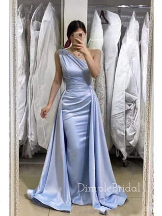 Blue Satin One Shoulder Mermaid Long Evening Prom Dresses, Custom Cheap Prom Dresses, DM0014