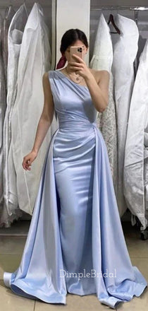 Blue Satin One Shoulder Mermaid Long Evening Prom Dresses, Custom Cheap Prom Dresses, DM0014