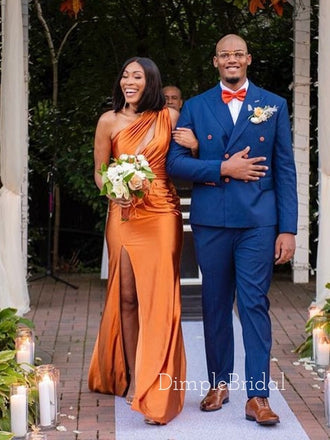 Burnt Orange Satin One Shoulder Mermaid Long Evening Prom Dresses, Custom Cheap Prom Dresses, DM0015