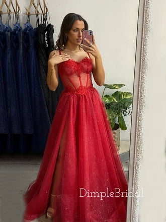 Sparkly Red Tulle A-line High Slit Long Evening Prom Dresses, Custom Cheap Prom Dresses, DM0016