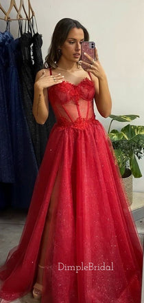 Sparkly Red Tulle A-line High Slit Long Evening Prom Dresses, Custom Cheap Prom Dresses, DM0016