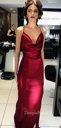 Dark Red Satin Spaghetti Straps Long Evening Prom Dresses, Custom Mermaid Prom Dresses, DM0018