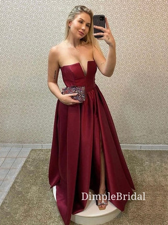 A-line Burgundy Satin Strapless Long Evening Prom Dresses, Custom Prom Dresses, DM0019