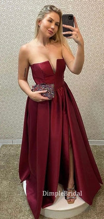 A-line Burgundy Satin Strapless Long Evening Prom Dresses, Custom Prom Dresses, DM0019