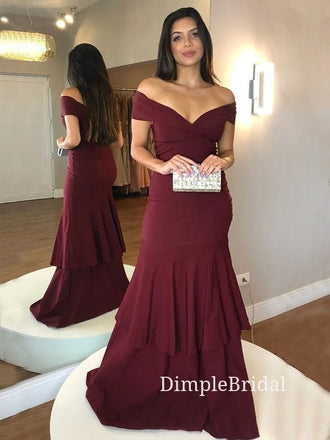 Off Shoulder Burgundy V-neck Long Evening Prom Dresses, Custom Mermaid Prom Dresses, DM0020