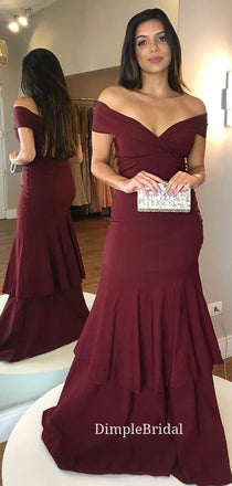 Off Shoulder Burgundy V-neck Long Evening Prom Dresses, Custom Mermaid Prom Dresses, DM0020