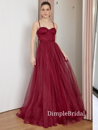 A-line Dark Red Tulle Spaghetti Straps Long Evening Prom Dresses, Cheap Custom Prom Dresses, DM0022