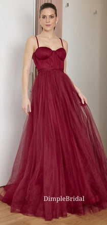 A-line Dark Red Tulle Spaghetti Straps Long Evening Prom Dresses, Cheap Custom Prom Dresses, DM0022