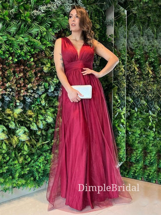 Burgundy Tulle A-line V-neck Long Evening Prom Dresses, Cheap Custom Prom Dresses, DM0023