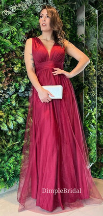 Burgundy Tulle A-line V-neck Long Evening Prom Dresses, Cheap Custom Prom Dresses, DM0023