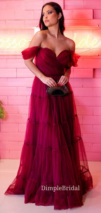 Off Shoulder Brugundy Tulle A-line Sweetheart Long Evening Prom Dresses, Cheap Custom Prom Dresses, DM0026