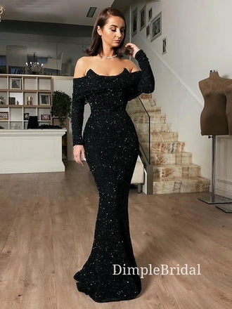 Long Sleeves Black Sequins Mermaid Long Evening Prom Dresses, Cheap Off Shoulder Custom Prom Dresses, DM0030
