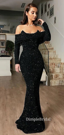 Long Sleeves Black Sequins Mermaid Long Evening Prom Dresses, Cheap Off Shoulder Custom Prom Dresses, DM0030