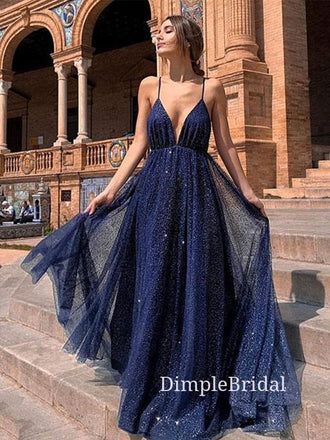 Navy Blue Tulle Sparkly A-line V-neck Long Evening Prom Dresses, Cheap Custom Prom Dresses, DM0031