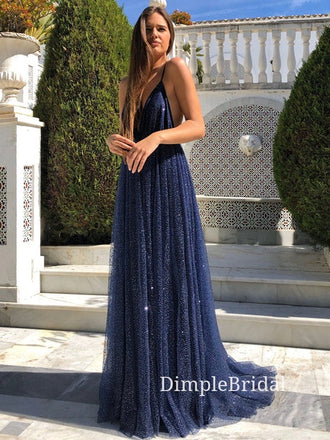 Navy Blue Tulle Sparkly A-line V-neck Long Evening Prom Dresses, Cheap Custom Prom Dresses, DM0031