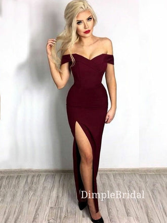 Off Shoulder Burgundy Mermaid Long Evening Prom Dresses, Side Slit Custom Prom Dresses, DM0032