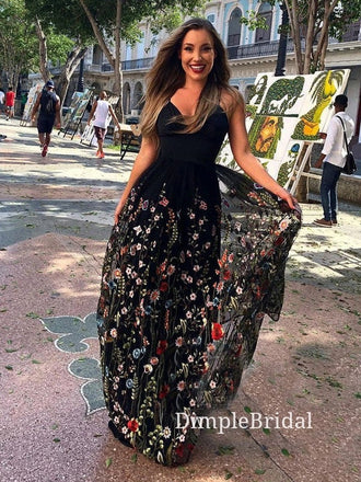 Popular A-line Black Lace Spaghetti Straps Long Evening Prom Dresses, Cheap Custom Prom Dresses, DM0033