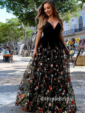 Popular A-line Black Lace Spaghetti Straps Long Evening Prom Dresses, Cheap Custom Prom Dresses, DM0033