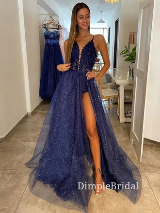 Deep V-neck Navy Blue Tulle Appliques Sparkly A-line Long Evening Prom Dresses, Cheap Custom Prom Dresses, DM0035