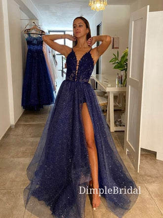 Deep V-neck Navy Blue Tulle Appliques Sparkly A-line Long Evening Prom Dresses, Cheap Custom Prom Dresses, DM0035