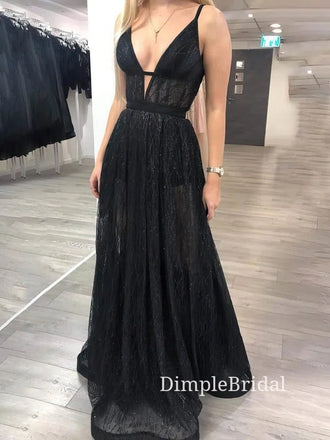 A-line Black Sparkly V-neck Long Evening Prom Dresses, Cheap Custom Prom Dresses, DM0036